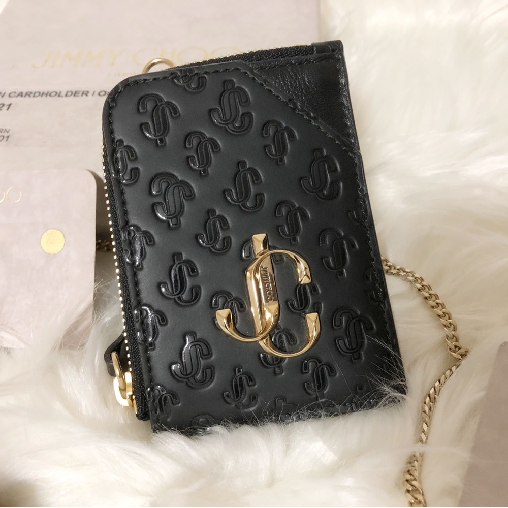 Authentic JIMMY CHOO Black Monogram Embossed Leather JC Logo Chain Card …
